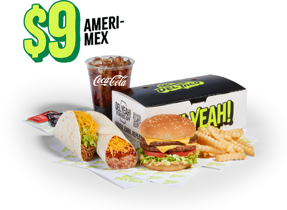 $9 Ameri-Mex featuring Double Del Cheeseburger, Bean & Cheese Burrito, Snack Taco, Value Crinkle Cut Fries, and 16oz Drink